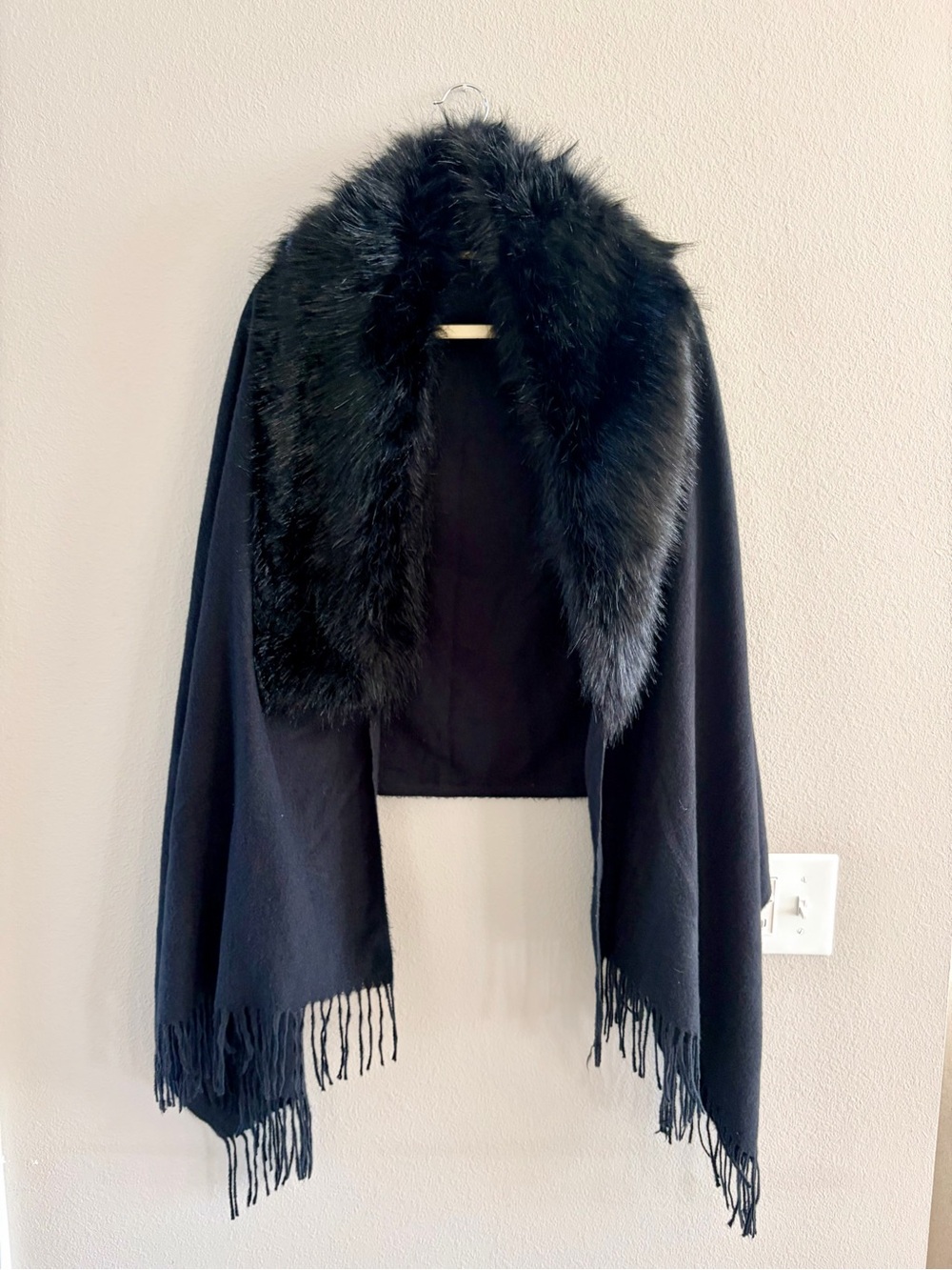 Michael Kors Black Faux Fur Collar Wrap with Fringe
